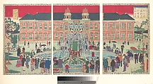 Illustration of the Museum at the Second National Industrial Exhibition in Ueno, from the series Famous Places in Tokyo (Tokyo meisho-Ueno kōen naikoku kangyō daini hakurankai bijutsukan zu), Utagawa Hiroshige III Japanese, Triptych of woodblock prints; ink and color on paper, Japan