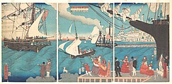 Sailing from a California Port, Utagawa (Gountei) Sadahide Japanese, Triptych of woodblock prints; ink and color on paper, Japan