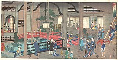 The Interior of the Gankiro Tea House in Yokohama, Suzuki Hiroshige II Japanese, Triptych of woodblock prints; ink and color on paper, Japan