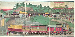 Illustration of a Steam Locomotive Running on the Takanawa Railroad in Tokyo (Tōkyō takanawa tetsudō jōkisha sōkō no zu), Utagawa Kuniteru Japanese, Triptych of woodblock prints; ink and color on paper, Japan