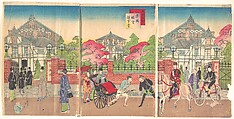 Famous Places in Tokyo: The Imperial Diet Building (Tōkyō Meisho: Teikoku Kokkai Gijidō), Yōsai Nobukazu 楊斎延一  Japanese, Triptych of woodblock prints; ink and color on paper, Japan