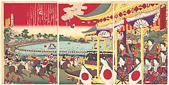 View of the Horse Track at Shinobazu in Ueno Park  (Ueno shinobazu keiba zu), Yōshū (Hashimoto) Chikanobu  Japanese, Triptych of woodblock prints; ink and color on paper, Japan