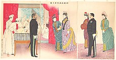 Illustration of the Empress Visiting a Field Hospital [in Hiroshima] (Yasen byōin gyōkō no zu), Kobayashi Kiyochika  Japanese, Triptych of woodblock prints; ink and color on paper, Japan