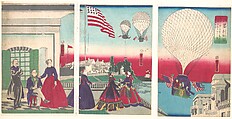American Balloon Ascension (Amerikakoku), Utagawa Yoshitora Japanese, Triptych of woodblock prints; ink and color on paper, Japan