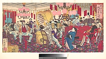 Illustration of the Police Superintendent and his men Receiving Wine (Keishi kakutai e sake tamawaru mono no zu), Tsukioka Yoshitoshi Japanese, Triptych of woodblock prints; ink and color on paper, Japan