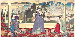 A  Dance Party: Enjoying Cherry Blossom Viewing at Ueno  (Tōbukai Ueno ōka yūran no zu), Yōshū (Hashimoto) Chikanobu  Japanese, Triptych of woodblock prints; ink and color on paper, Japan