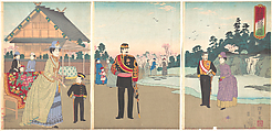 True View of the Courtyard of Yasukuni Shrine at the Top of Kudanzaka, Inoue Yasuji  Japanese, Triptych of woodblock prints (nishiki-e); ink and color on paper, Japan