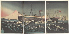 Fuji with Boat at Miho in Sunshu (Shizuoka), Kobayashi Kiyochika  Japanese, Triptych of woodblock prints; ink and color on paper, Japan