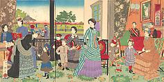 Peaceful Pleasures of the Highest Nobility (Kyōraku taihei kiken zu), Inoue Yasuji  Japanese, Triptych of woodblock prints (nishiki-e); ink and color on paper, Japan
