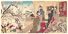 Children Playing in the Snow under Plum Trees in Bloom  (Secchū  baisō gunji yūgi zu), Yōshū (Hashimoto) Chikanobu  Japanese, Triptych of woodblock prints; ink and color on paper, Japan