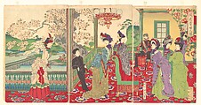 A Contest of Elegant Ladies among the Cherry Blossoms (Kaika kifujin kisoi), Yōshū (Hashimoto) Chikanobu  Japanese, Triptych of woodblock prints (nishiki-e); ink and color on paper, Japan