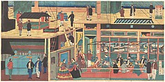 View Inside an American Steamship, Utagawa Yoshikazu  Japanese, Triptych of woodblock prints; ink and color on paper, Japan