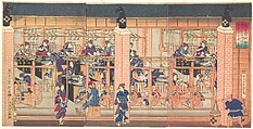 Imported Silk Reeling Machine at Tsukiji in Tokyo, Utagawa Yoshitora Japanese, Triptych of woodblock prints; ink and color on paper, Japan
