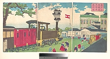 Illustration of a Steam Locomotive Passing Shiodome in Tokyo (Tōkyō Shiodome testudō jōkisha tsūkō zu), Utagawa Kuniteru Japanese, Triptych of woodblock prints; ink and color on paper, Japan