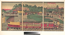 Tokyo /Takanawa Steam Railway, Utagawa Kuniteru Japanese, Triptych of woodblock prints; ink and color on paper, Japan
