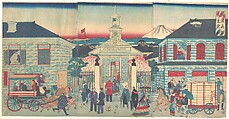 Illustration of Foreign Residences and the Catholic Church in Yokohama (Yokohama shōkan tenshudō no zu), Utagawa Hiroshige III Japanese, Triptych of woodblock prints; ink and color on paper, Japan