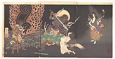 Fudō Myōō Threatening a Novice, Tsukioka Yoshitoshi Japanese, Triptych of woodblock prints; ink and color on paper, Japan