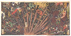 Masakiyo’s Challenging Battle, from Taiheiki (Chronicle of great peace), Tsukioka Yoshitoshi Japanese, Triptych of woodblock prints (nishiki-e); ink and color on paper, Japan