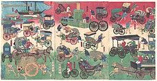 Vehicles on the Streets of Tokyo, Utagawa Yoshitora Japanese, Triptych of woodblock prints; ink and color on paper, Japan