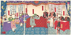 Negotiations after the Sino-Japanese War, Fuenken Tsuneshige Japanese, Triptych of woodblock prints (nishiki-e); ink and color on paper, Japan