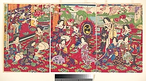 Spring Scenery; Melody of a Musical Performance, Utagawa Fusatane  Japanese, Triptych of woodblock prints; ink and color on paper, Japan