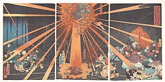 Kiyomori’s Visit to Nunobiki Waterfall: The Ghost of Yoshihira Taking Revenge on Nanba, Utagawa Yoshifusa  Japanese, Triptych of woodblock-printed books (nishiki-e); ink and color on paper, Japan