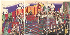 View of the Issuance of the Constitution, Baiju Kunitoshi  Japanese, Triptych of woodblock prints; ink and color on paper, Japan