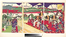 A Glimpse of Higayashiyama the Western Capital, from the series Famous Places in the Nation (Shokoku meisho zukai no uchi-Saikyō Higashiyama ichiran), Utagawa Hiroshige III Japanese, Triptych of woodblock prints; ink and color on paper, Japan