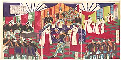Illustration of the Commanders who Pacified Western Japan, Receiving the Emperor's Gift Cups (Saigoku chinsei shoshō tenpai o tamawaru no zu), Yōshū (Hashimoto) Chikanobu  Japanese, Triptych of woodblock prints; ink and color on paper, Japan
