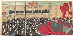 Illustration of The Imperial Assembly of the House of Peers (Teikoku gikai kizokuin no zu), Yōshū (Hashimoto) Chikanobu  Japanese, Triptych of woodblock prints; ink and color on paper, Japan