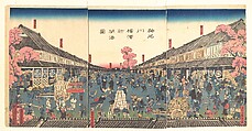 The Newly Opened Port of Yokohama in Kanagawa Prefecture (Kanagawa Yokohama shinkaikōzu)
, Utagawa (Gountei) Sadahide Japanese, Triptych of woodblock prints (nishiki-e); ink and color on paper, Japan