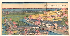 View of the Yokohama Pleasure Quarters of Kanagawa at Cherry Blossom Time, Utagawa (Gountei) Sadahide Japanese, Triptych of woodblock prints; ink and color on paper, Japan