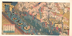 True View of the Pleasure Quarters with Cherry Blossoms in Full Bloom in the Miyozki District of the New Port of Yokohama, Kanagawa, Utagawa (Gountei) Sadahide  Japanese, Triptych of woodblock prints; ink and color on paper, Japan