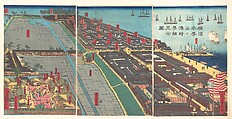 Detailed Print of Yokohama Hon-chō and the Miyozaki Pleasure Quarter, Utagawa (Gountei) Sadahide Japanese, Triptych of woodblock prints; ink and color on paper, Japan