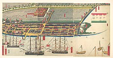 Pictorial Guide to Yokohama Harbor, Utagawa (Gountei) Sadahide Japanese, Triptych of woodblock prints; ink and color on paper, Japan