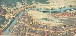 Revised Yokohama Landscape, Utagawa (Gountei) Sadahide (Japanese, 1807–1873), Hexaptych of woodblock prints; ink and color on paper, Japan