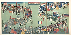 Picture of a Parade of the Five Nations, Utagawa (Gountei) Sadahide  Japanese, Triptych of woodblock prints; ink and color on paper, Japan