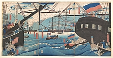 “Yokohama Trade: Westerners Loading Cargo”, Utagawa (Gountei) Sadahide (Japanese, 1807–1873), Pentaptych of woodblock prints; ink and color on paper, Japan
