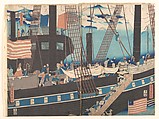 “Yokohama Trade: Westerners Loading Cargo”, Utagawa (Gountei) Sadahide (Japanese, 1807–1873), Pentaptych of woodblock prints; ink and color on paper, Japan