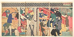 Foreign Business Establishment in Yokohama (Yokohama ijin shōkan uriba no zu), Utagawa (Gountei) Sadahide Japanese, Triptych of woodblock prints (nishiki-e); ink and color on paper, Japan
