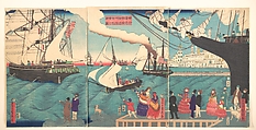 Vessels Departing from California, America, Utagawa (Gountei) Sadahide Japanese, Triptych of woodblock prints; ink and color on paper, Japan