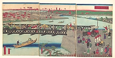 The Steel Bridge at Yokohama, Utagawa (Gountei) Sadahide (Japanese, 1807–1873), Hexaptych of woodblock prints; ink and color on paper, Japan