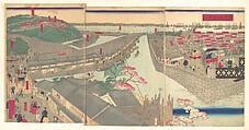 The Steel Bridge at Yokohama, Utagawa (Gountei) Sadahide (Japanese, 1807–1873), Hexaptych of woodblock prints; ink and color on paper, Japan