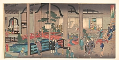 View of the Interior of the Gankirō Tea House in Yokohama, Utagawa Hiroshige II Japanese, Triptych of woodblock prints; ink and color on paper, Japan