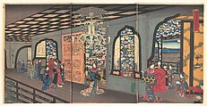 Upper Floor of the Gankirō Tea House in Yokohama, Utagawa Hiroshige II Japanese, Triptych of woodblock prints; ink and color on paper, Japan