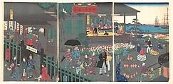 Foreigner's Residence in Yokohama, Utagawa Hiroshige II Japanese, Triptych of woodblock prints; ink and color on paper, Japan