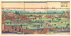 Illustration of the Front Garden of the Tsukiji Hotel in the Eastern Capital (Tōto Tsukiji hoteru kan niwa mae no zu), Utagawa Hiroshige III Japanese, Triptych of woodblock prints; ink and color on paper, Japan