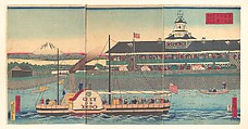 The Tsukiji Hotel in Tokyo (Tokyo Tsukiji hoteru kan), Utagawa Hiroshige III Japanese, Triptych of woodblock prints; ink and color on paper, Japan