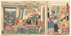 A Foreign Residence in Yokohama, Utagawa Yoshikazu  Japanese, Triptych of woodblock prints (nishiki-e); ink and color on paper, Japan