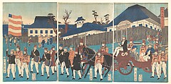 Picture of a Procession of Foreigners at Yokohama, Utagawa Yoshikazu  Japanese, Triptych of woodblock prints; ink and color on paper, Japan